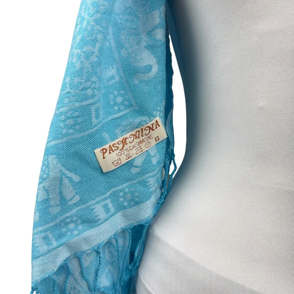 Boho Elephant Cashmere Pashmina Scarf Shawl Sky Blue Fringe Ethereal Timeless